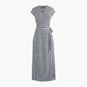 J Crew Gingham Navy White Wrap Dress Midi Straight Cap Sleeve
